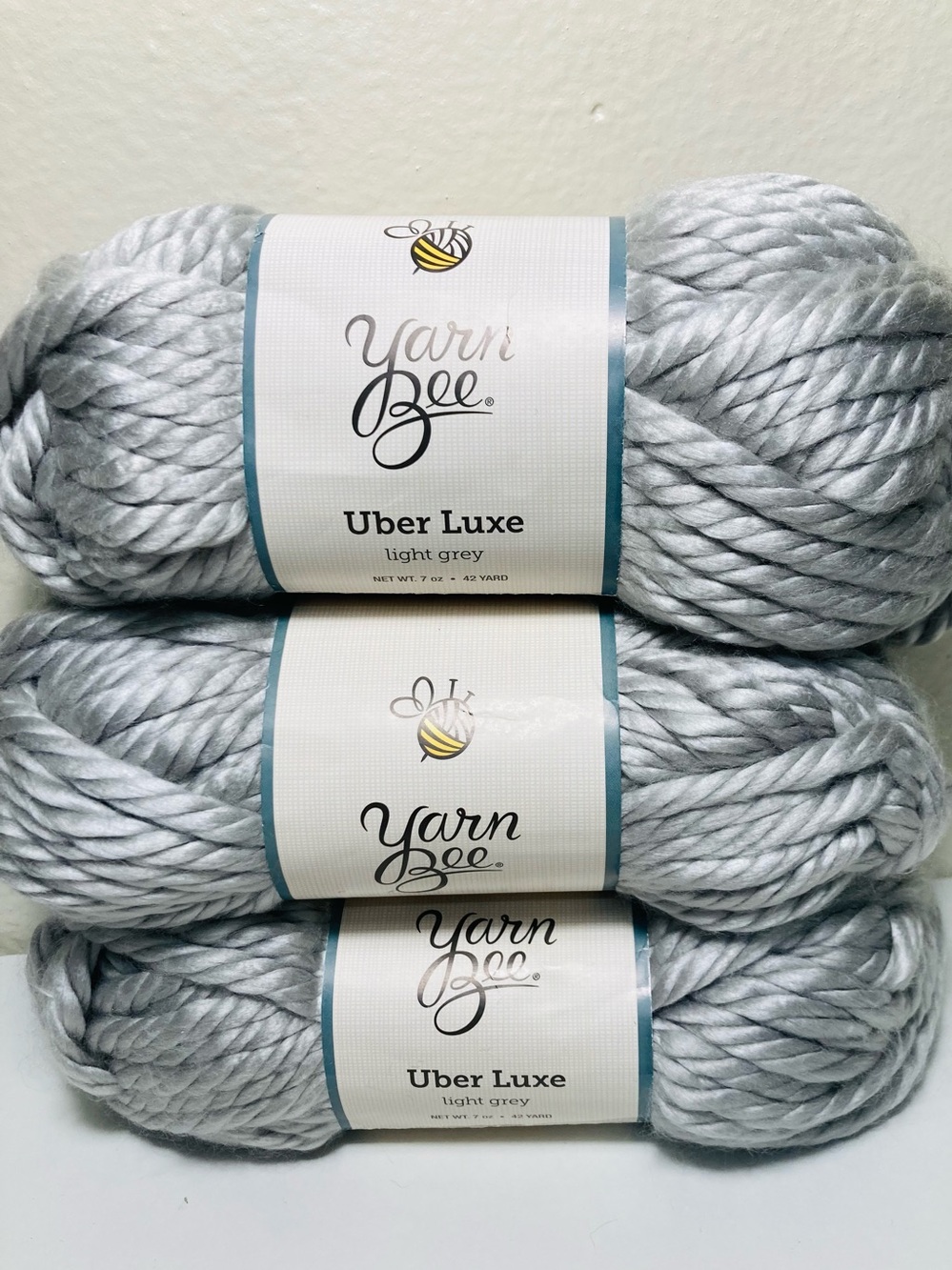 3 NEW Yarn Bee Uber Luxe Chunky Yarn - Light Grey - 1 lb 5 oz total 100% Acrylic